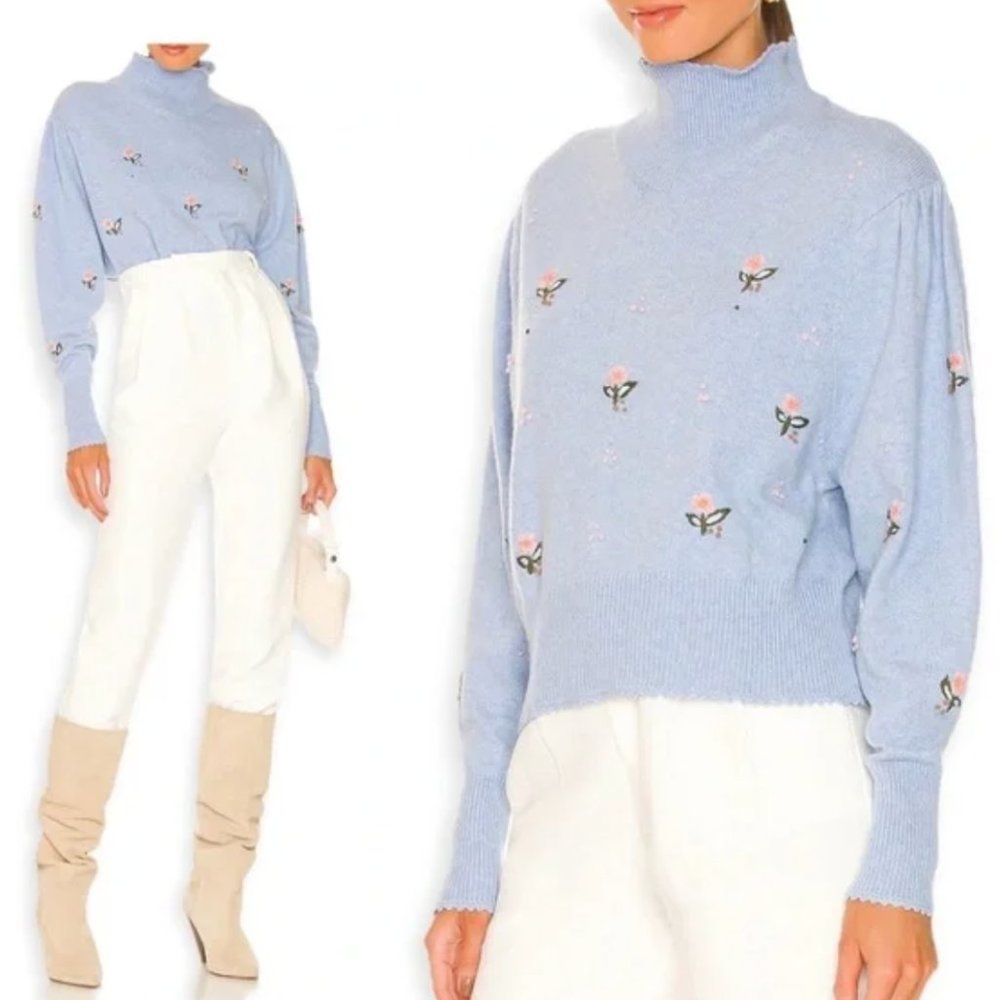 Something Navy Embroidered Mock Neck Sweater in Blue